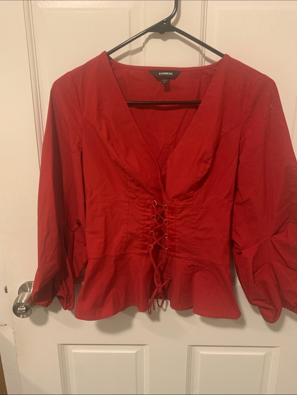 Express Red Lace-Up Peplum Blouse
